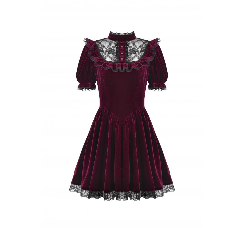 Dark in Love Ophelia Lace Collar Burgundy Velvet Goth Dress - DevilGothic DevilGothic
