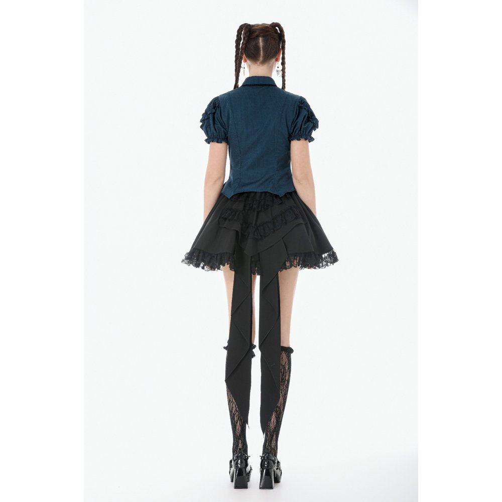 Dark in Love Gothic Academy Striped Puff-Sleeve Blouse