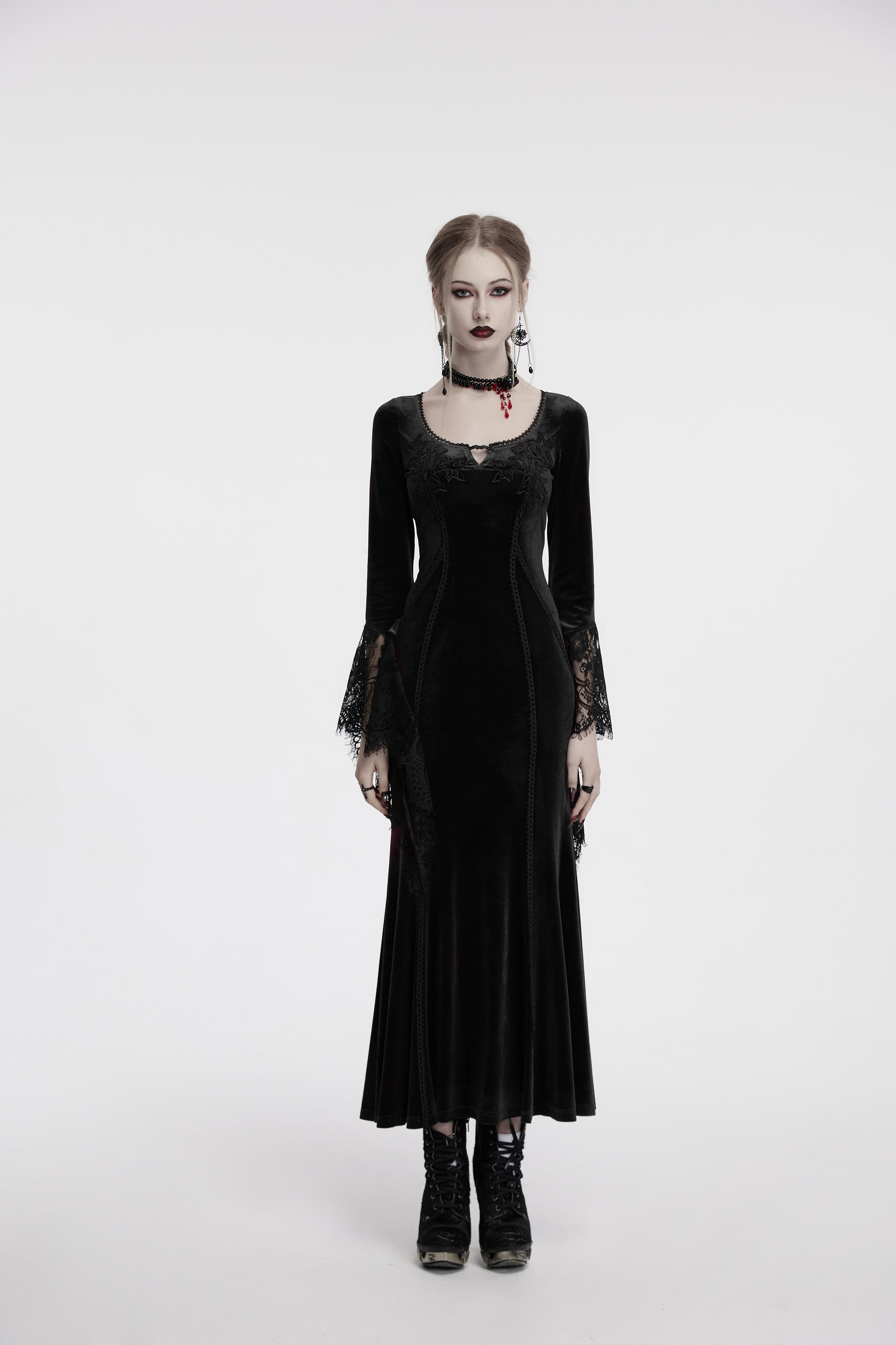 Punk Rave Isolde Velvet Lace Sleeve Dress In Black - DevilGothic DevilGothic