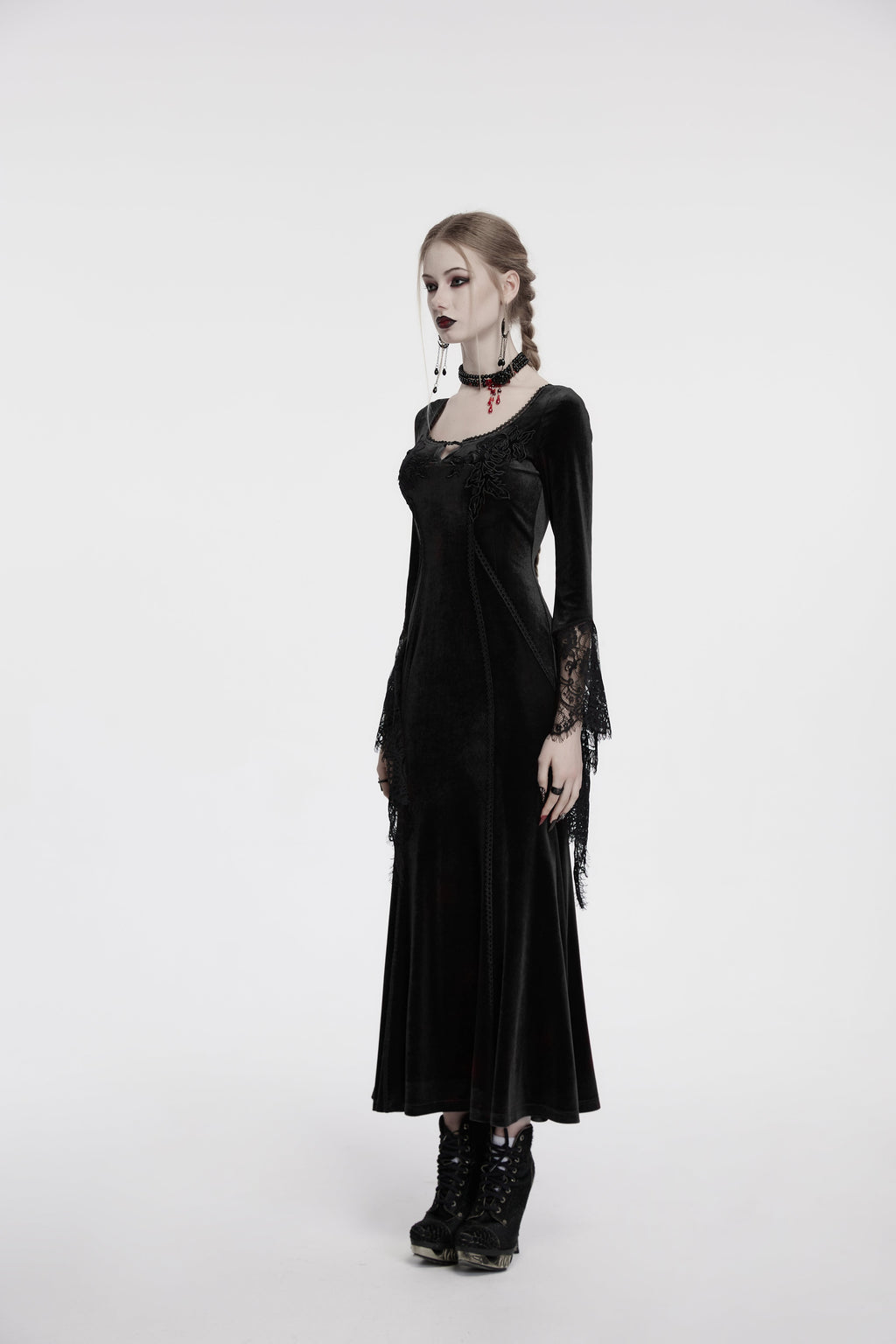 Punk Rave Isolde Velvet Lace Sleeve Dress In Black - DevilGothic DevilGothic