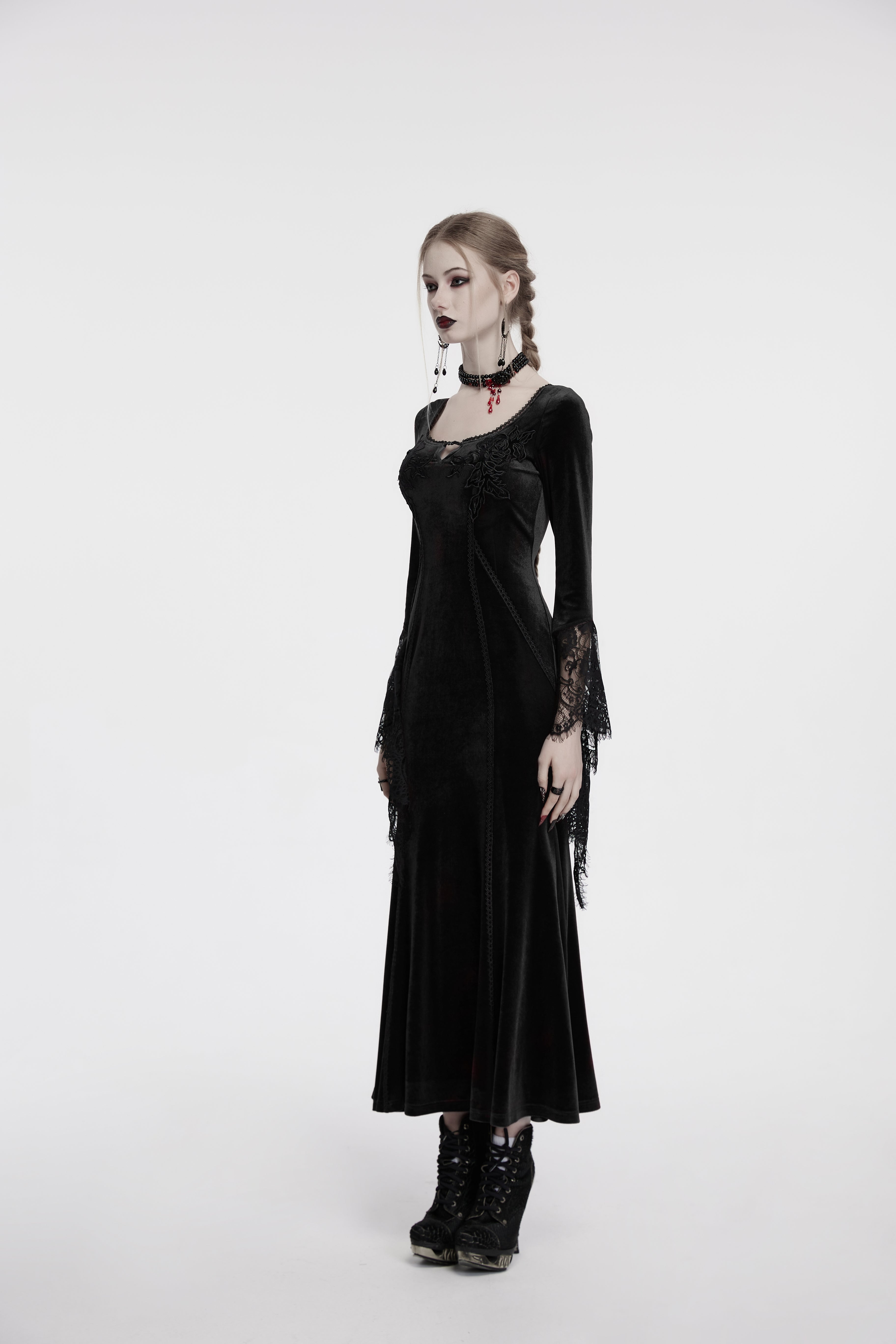 Punk Rave Isolde Velvet Lace Sleeve Dress In Black - DevilGothic DevilGothic