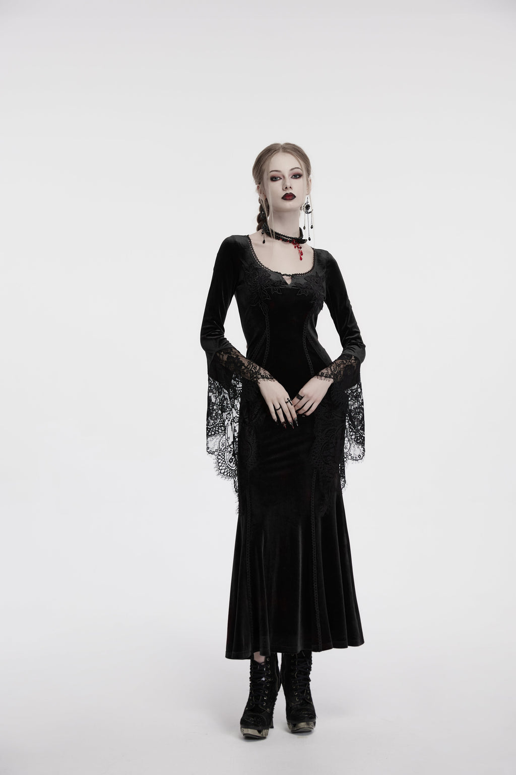 Punk Rave Isolde Velvet Lace Sleeve Dress In Black - DevilGothic DevilGothic