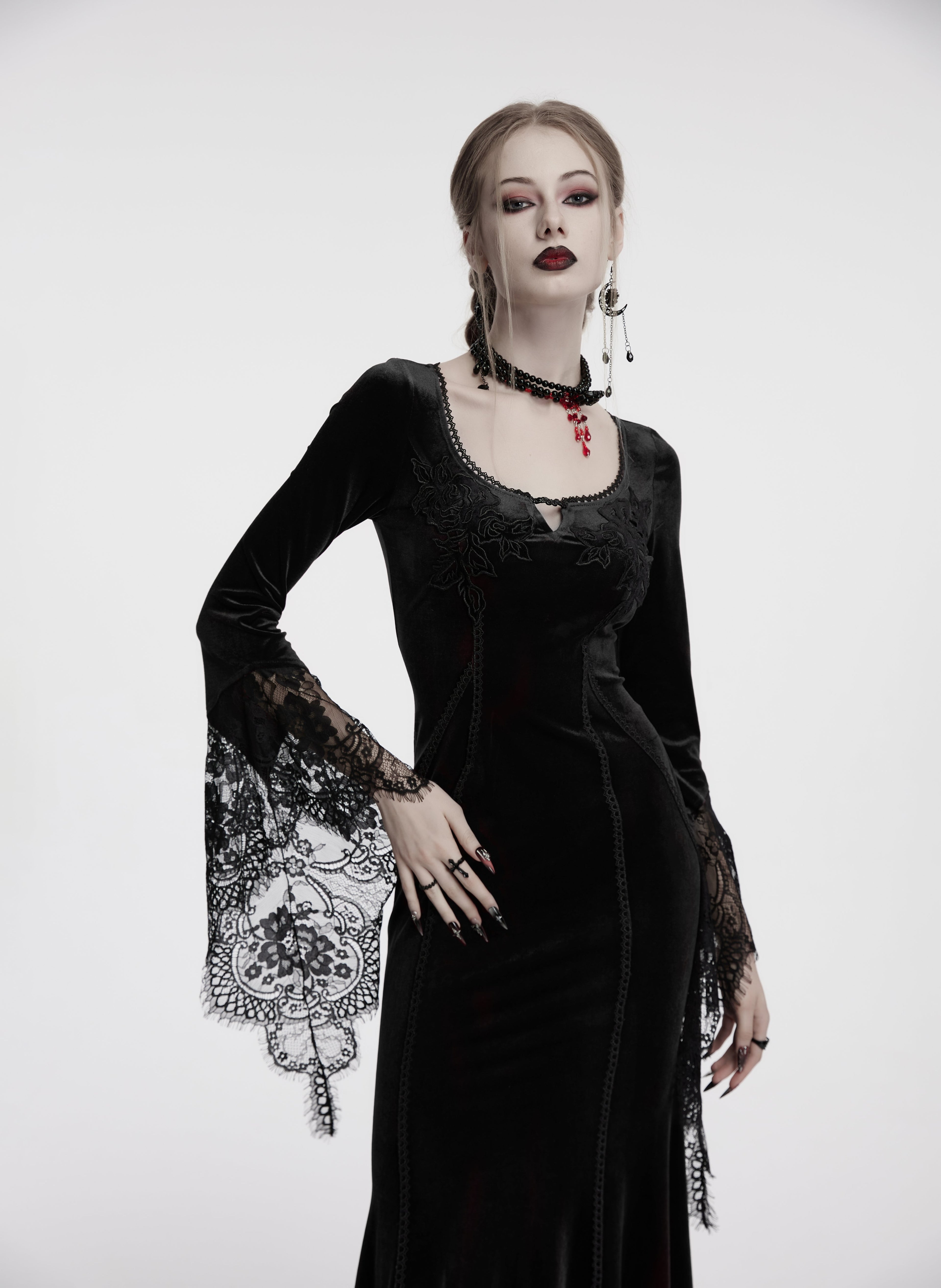 Punk Rave Isolde Velvet Lace Sleeve Dress In Black - DevilGothic DevilGothic