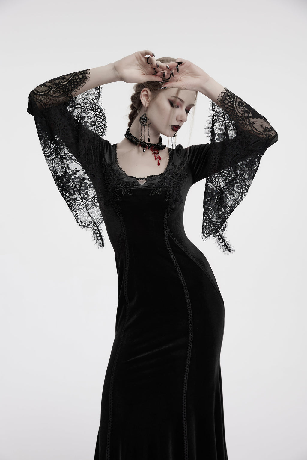 Punk Rave Isolde Velvet Lace Sleeve Dress In Black - DevilGothic DevilGothic
