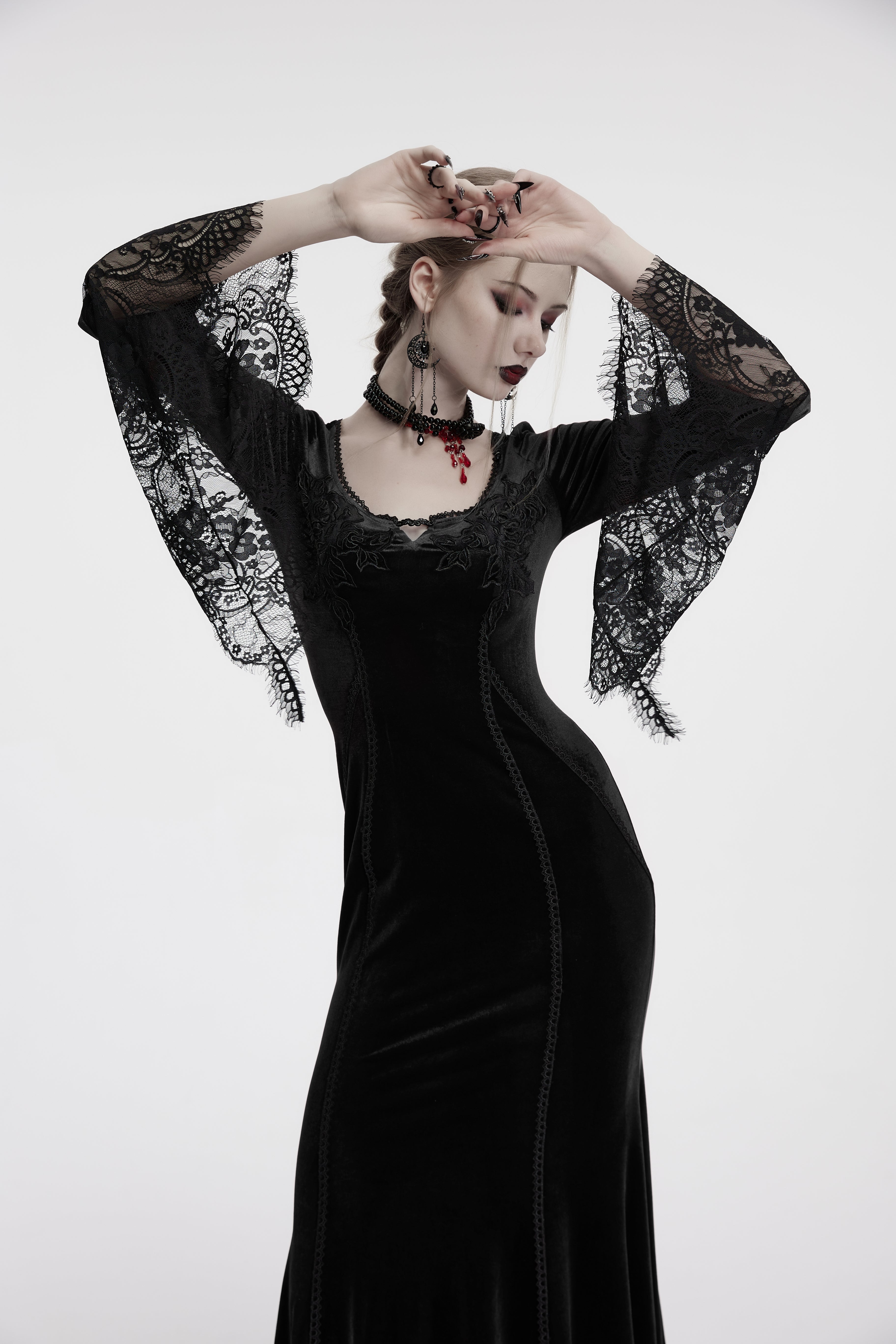 Punk Rave Isolde Velvet Lace Sleeve Dress In Black - DevilGothic DevilGothic
