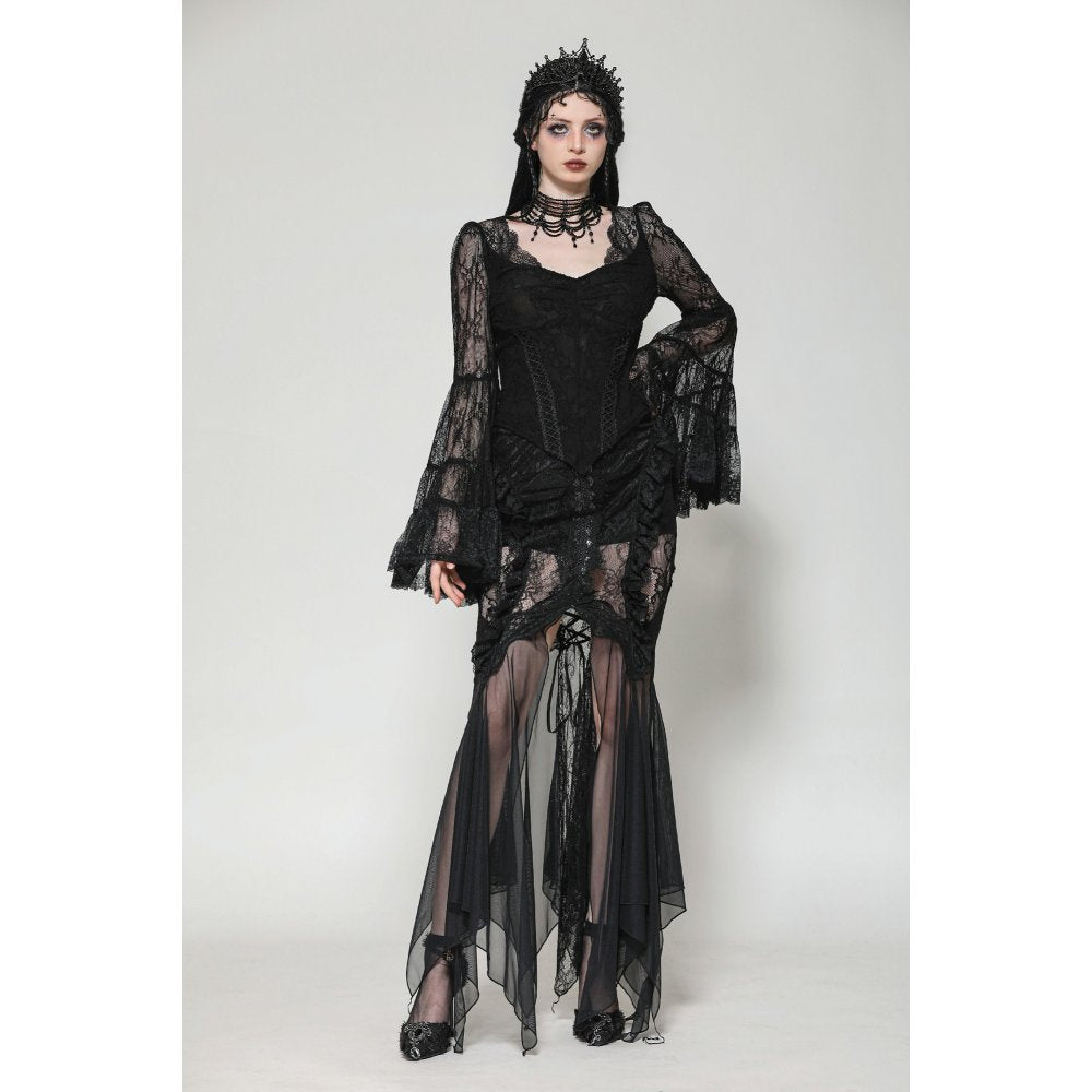 Dark in Love Zuri Gothic Romantic Lace Patchwork Bell-Sleeve Layered Cuff Top - DevilGothic DevilGothic
