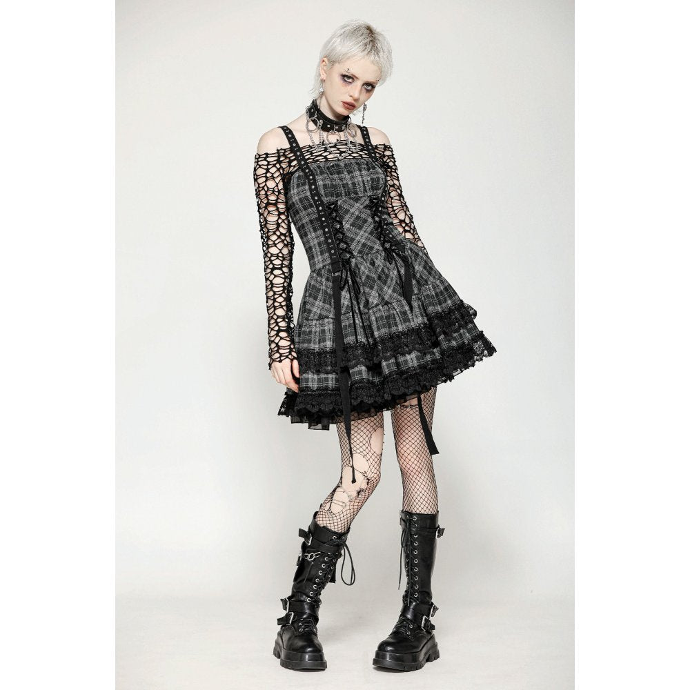 Dark in Love Ida Punk Grey Tartan Metal Studded Dress - DevilGothic DevilGothic