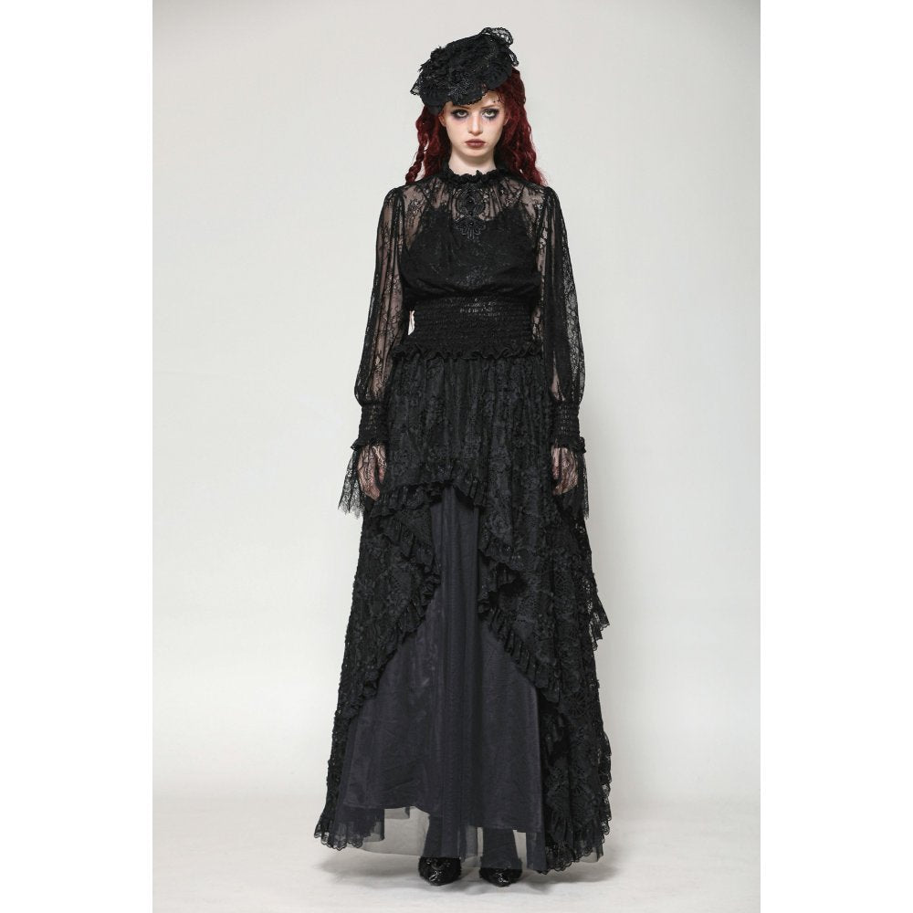 Dark in Love Aoife Black Hollow Lace Elastic Pleated Waist Eyelash Lace Cuff Top - DevilGothic DevilGothic