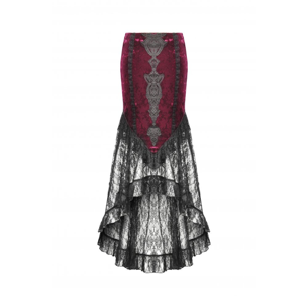 Dark in Love Crimson Queen Lace High-Low Goth Skirt in Burgundy & Black - DevilGothic DevilGothic