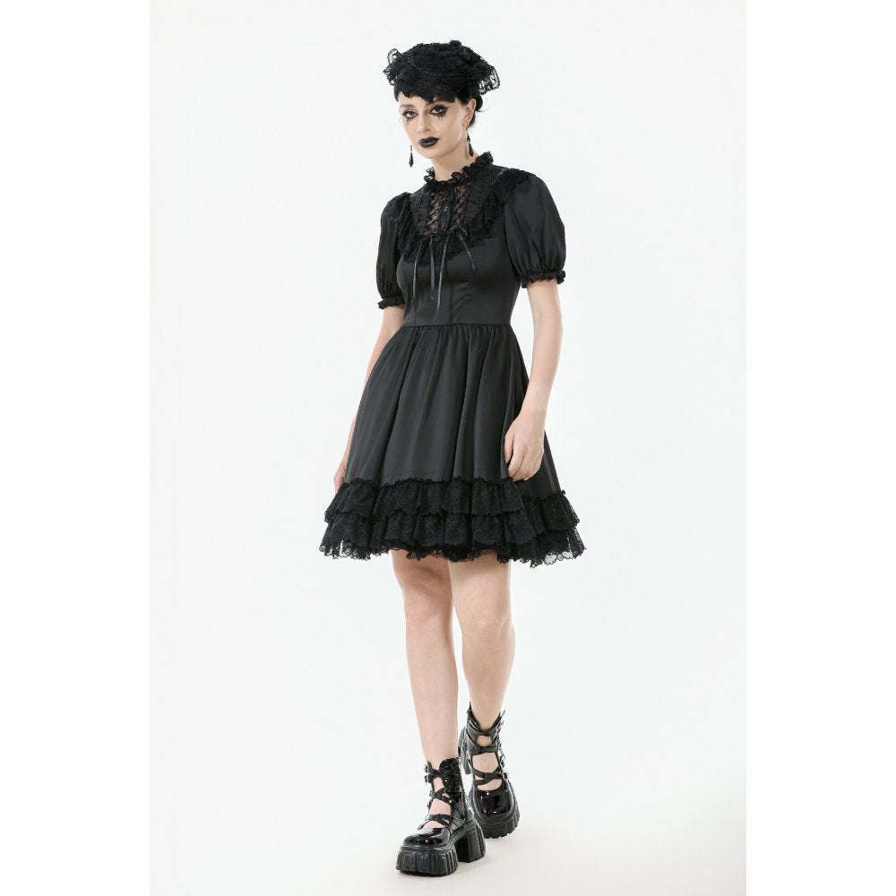 Dark in Love Belladonna Lace-Up High Collar Puff Sleeve Goth Dress  in Black - DevilGothic DevilGothic