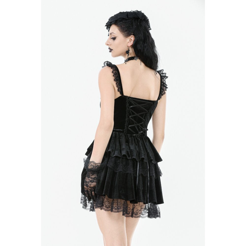 Dark in Love Nocturne Ruffled Velvet Lace Goth Dress in Black - DevilGothic DevilGothic