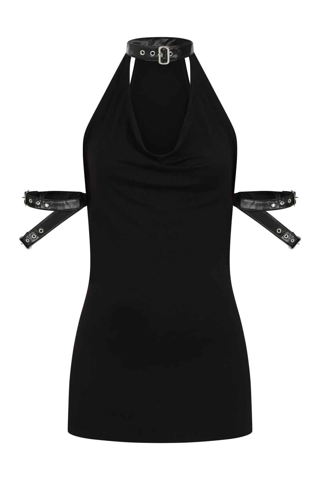 Necessary Evil Aphrodite Plunge Cowl Neck Top - Faux Leather Gothic Going Out Top