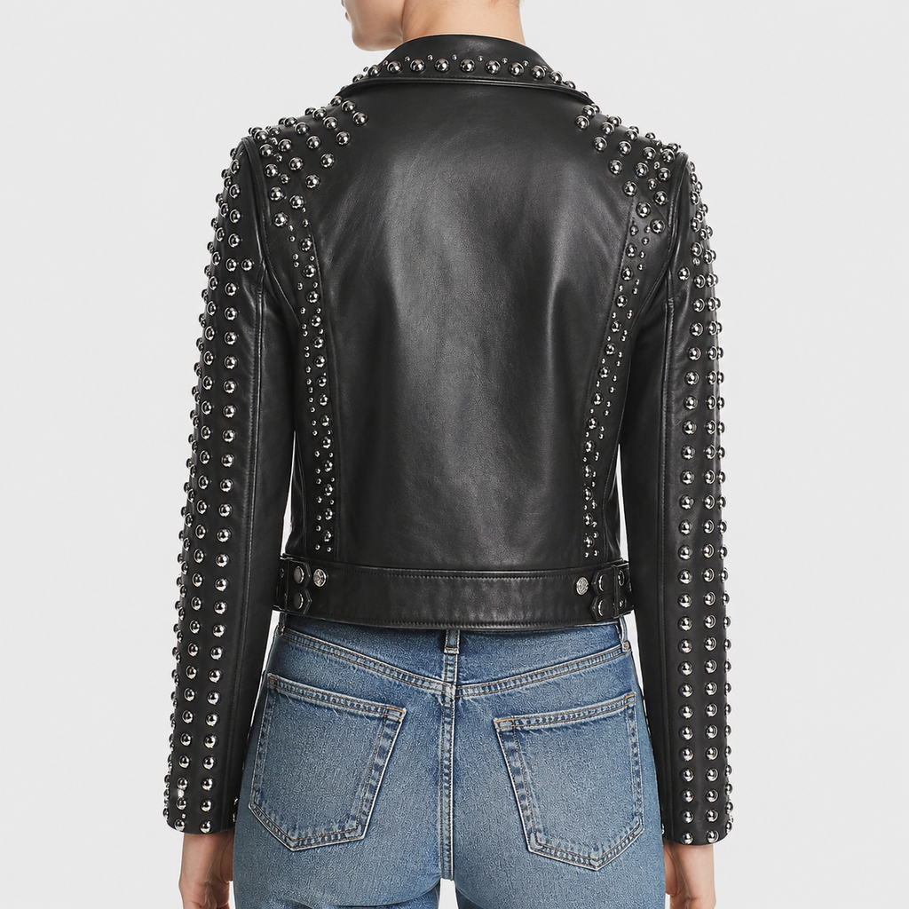 Women’s Silver Studded Punk Fashion Leather Jacket