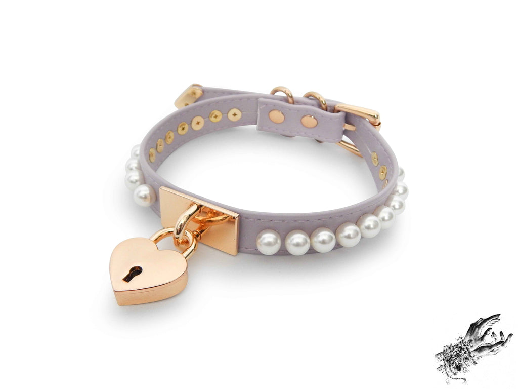 Lilac and Gold Pearl Heart Padlock Choker