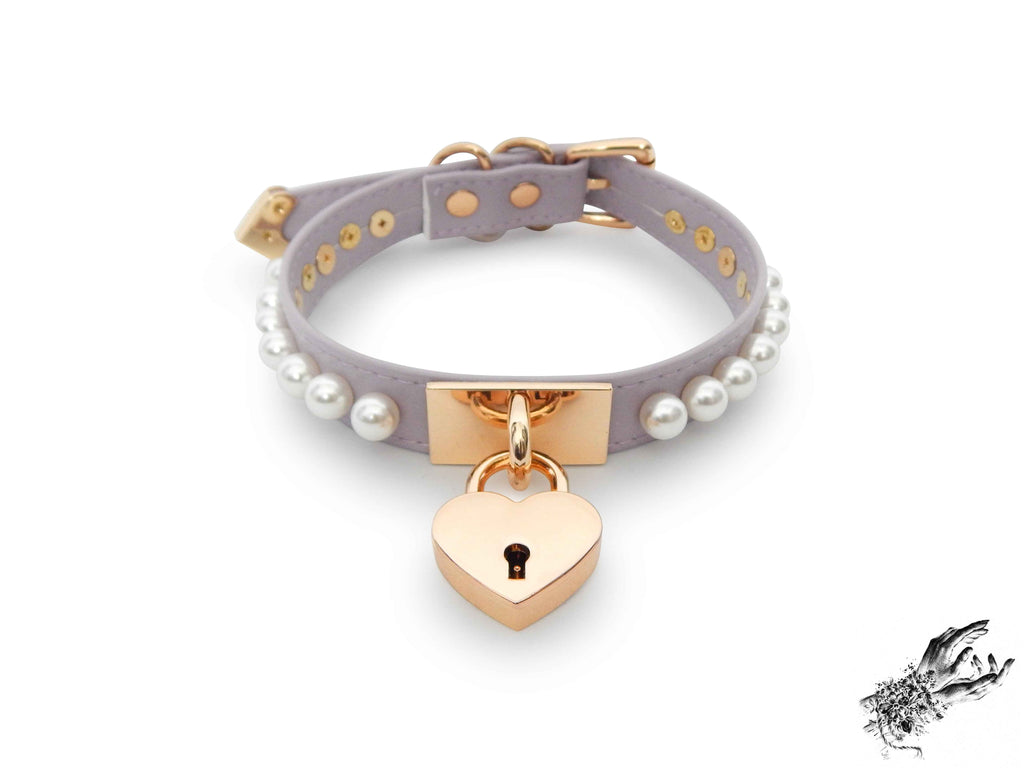 Lilac and Gold Pearl Heart Padlock Choker