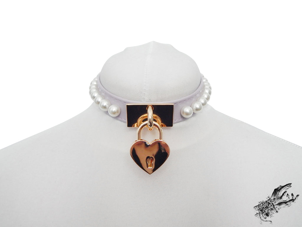 Lilac and Gold Pearl Heart Padlock Choker