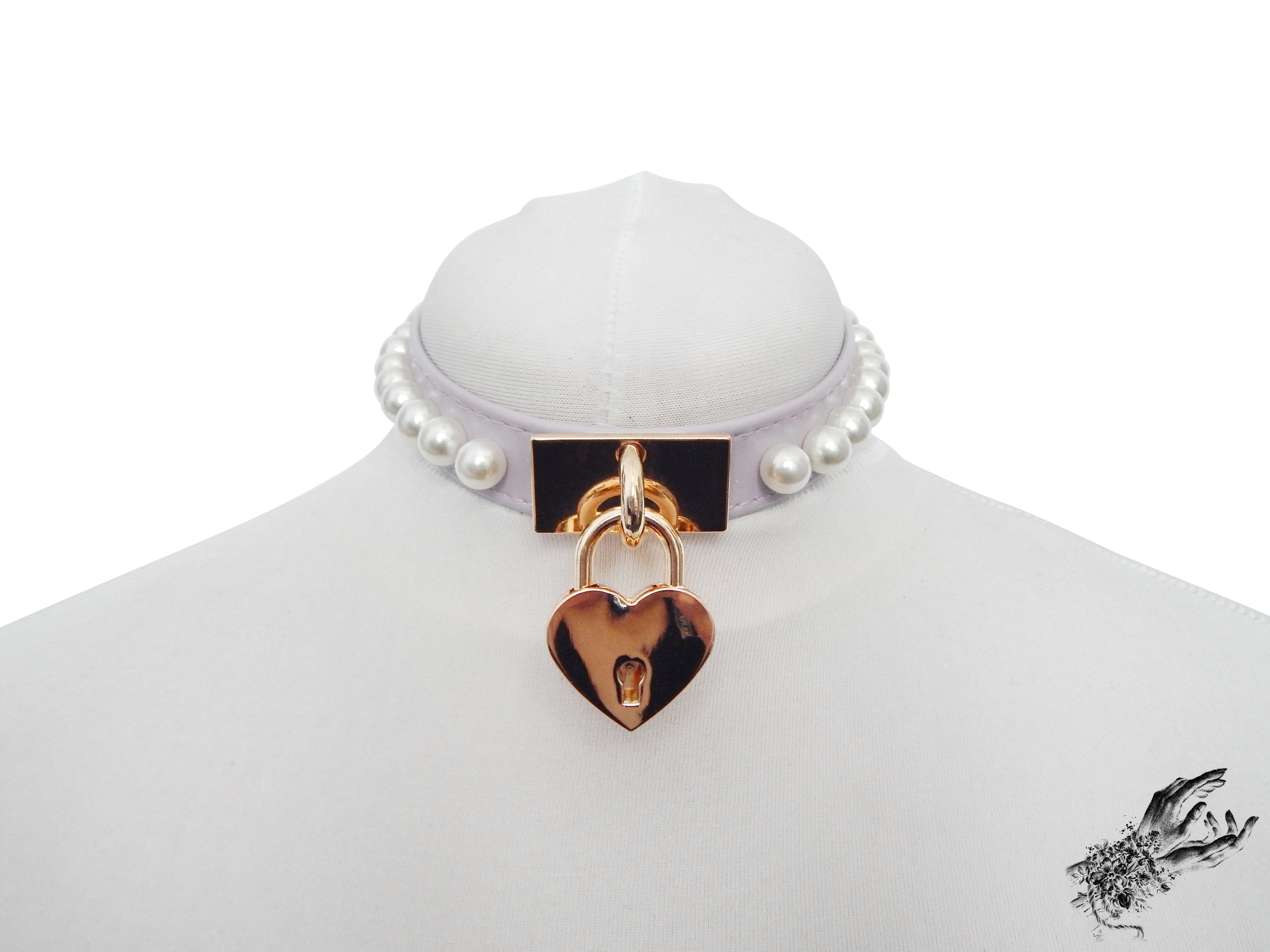 Lilac and Gold Pearl Heart Padlock Choker