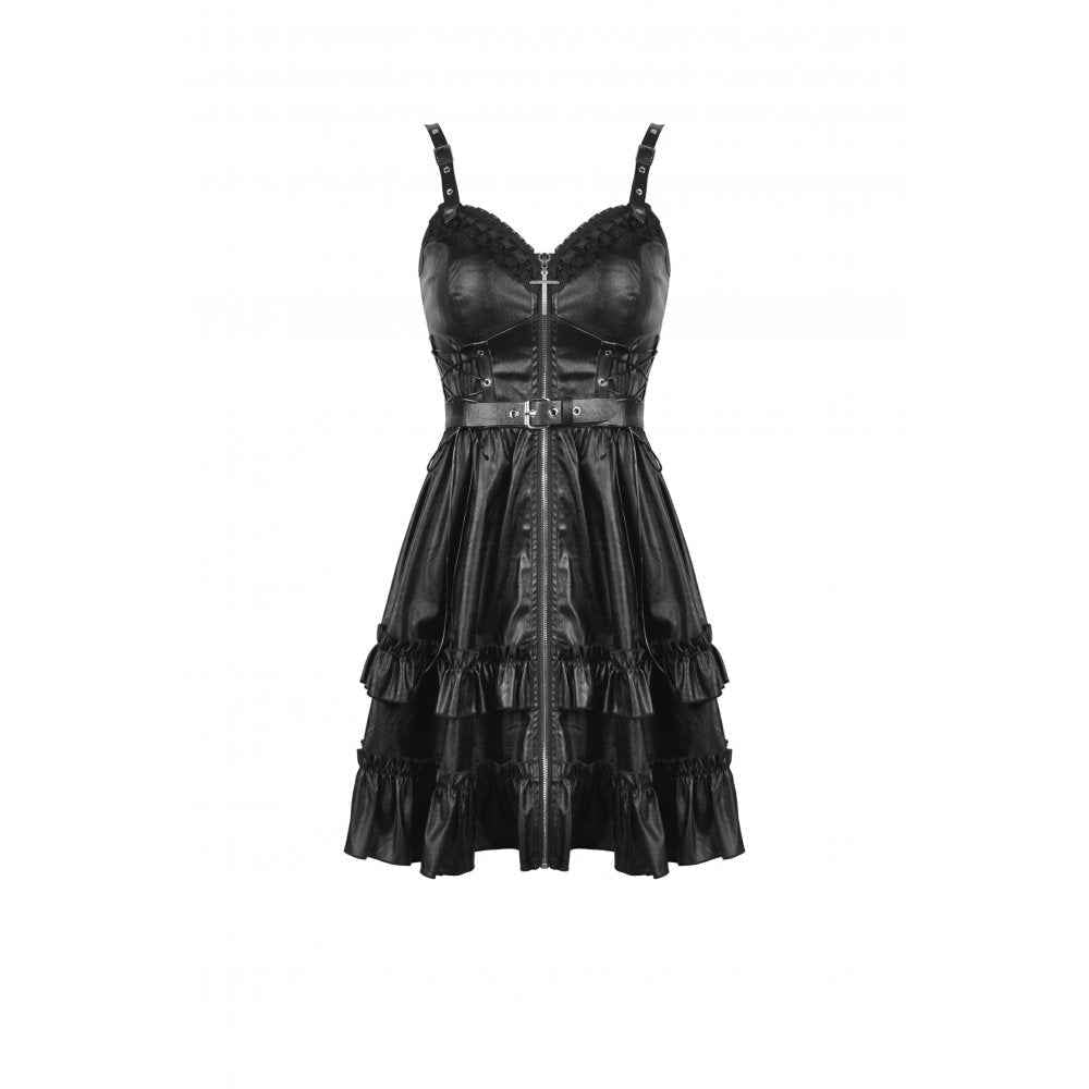 Dark In Love Goth Womenswear Ariella Strap Dress in Black Faux Leather with Ruffles