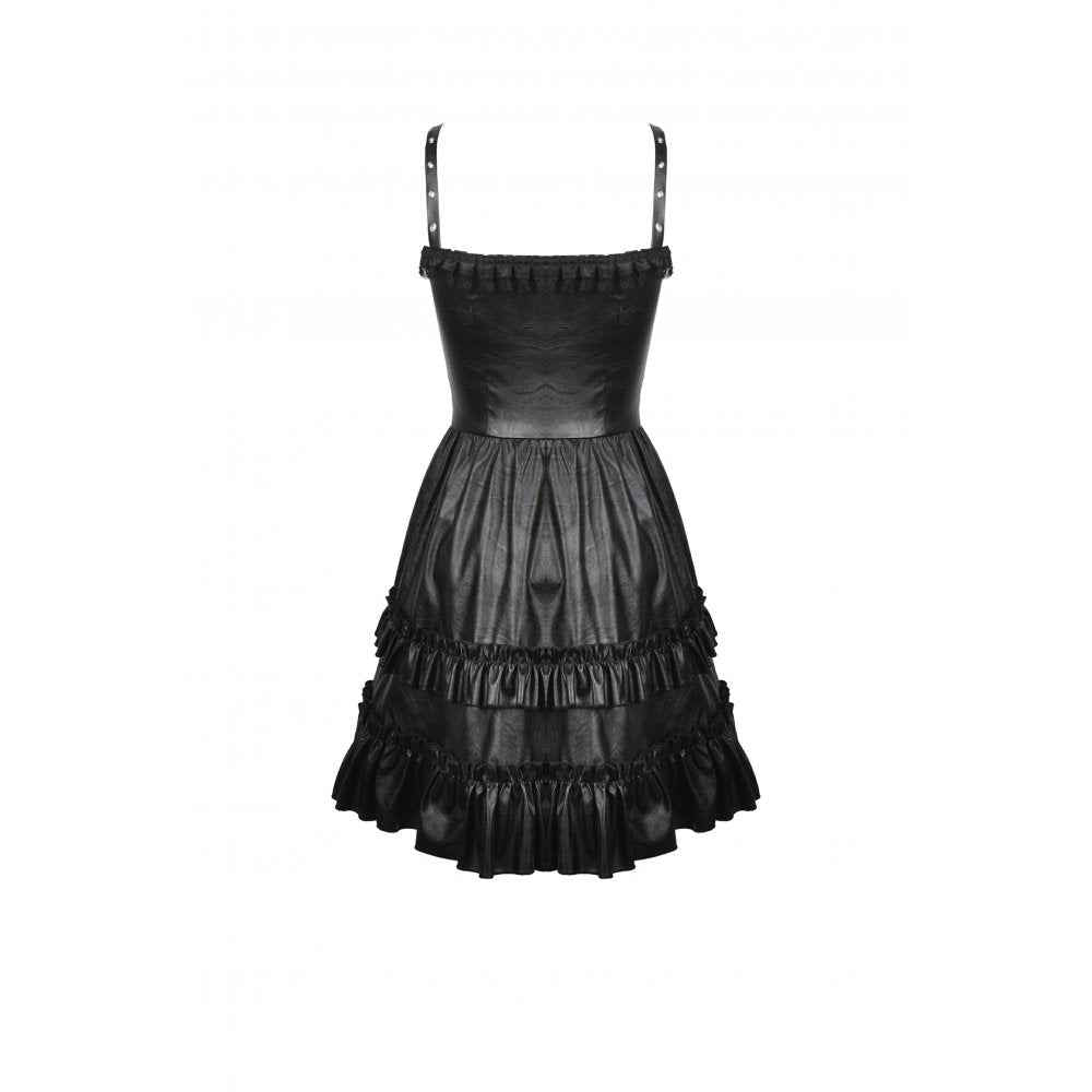 Dark In Love Goth Womenswear Ariella Strap Dress in Black Faux Leather with Ruffles