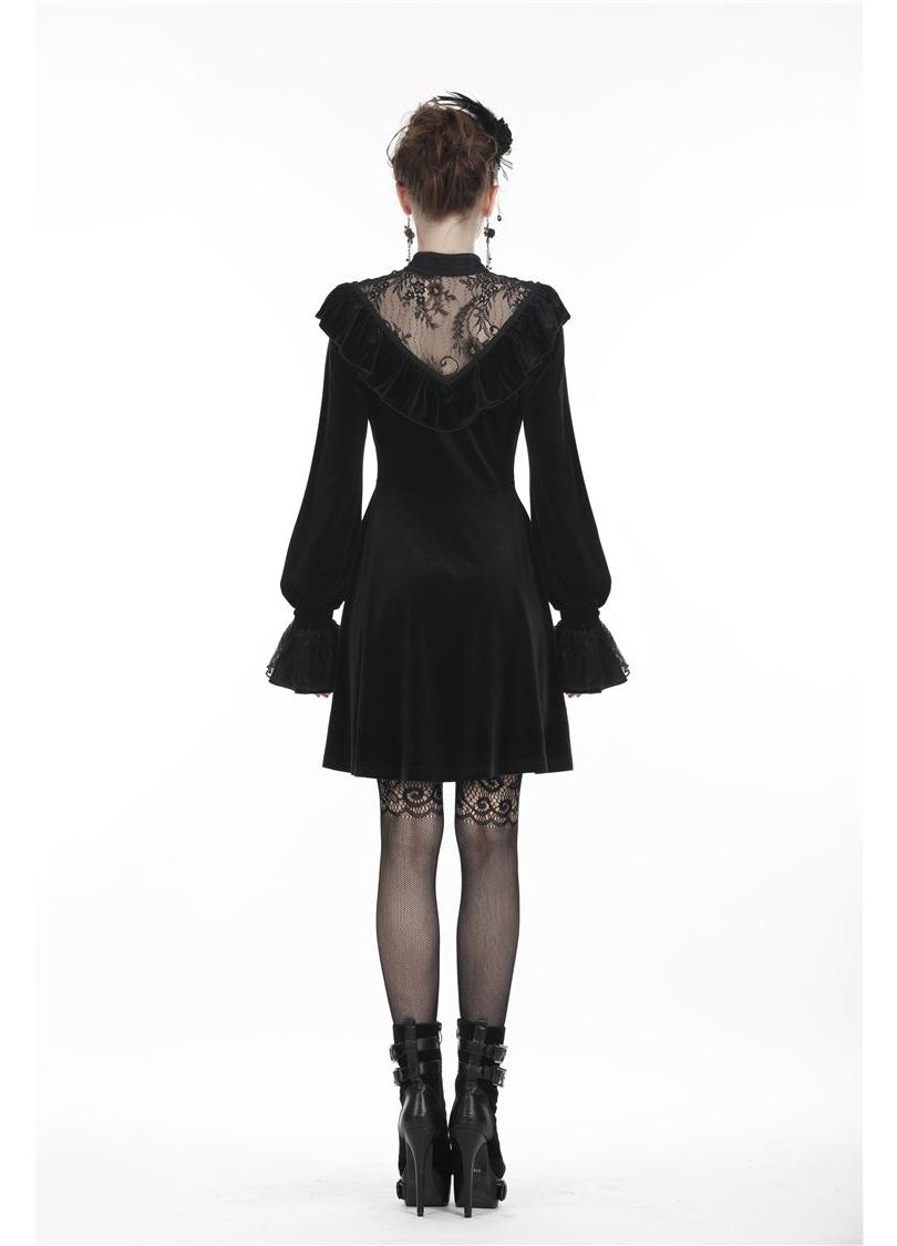 Dark In Love Avina Black Velvet Dress - Gothic Lace Neckline Long Sleeve Dress - DevilGothic DevilGothic