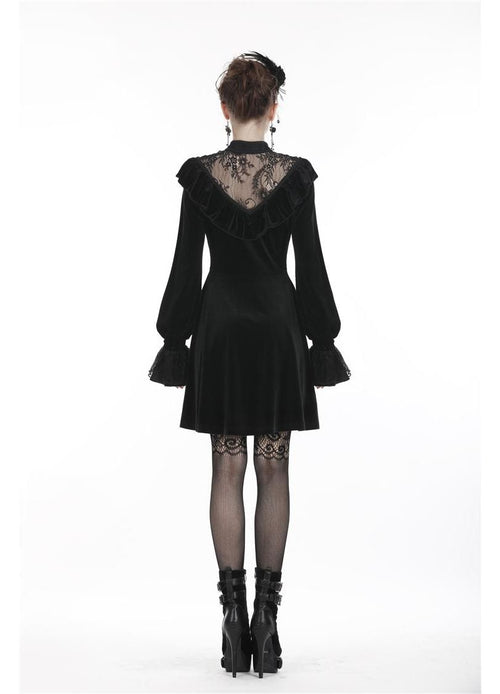 Dark In Love Avina Black Velvet Dress - Gothic Lace Neckline Long Sleeve Dress - DevilGothic DevilGothic