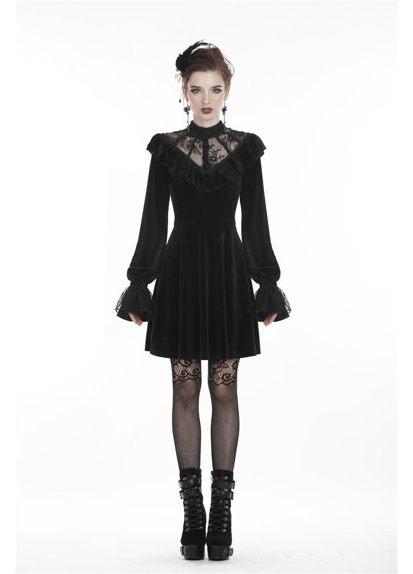Dark In Love Avina Black Velvet Dress - Gothic Lace Neckline Long Sleeve Dress - DevilGothic DevilGothic