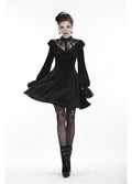 Dark In Love Avina Black Velvet Dress - Gothic Lace Neckline Long Sleeve Dress - DevilGothic DevilGothic
