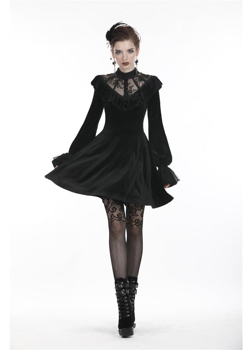 Dark In Love Avina Black Velvet Dress - Gothic Lace Neckline Long Sleeve Dress - DevilGothic DevilGothic