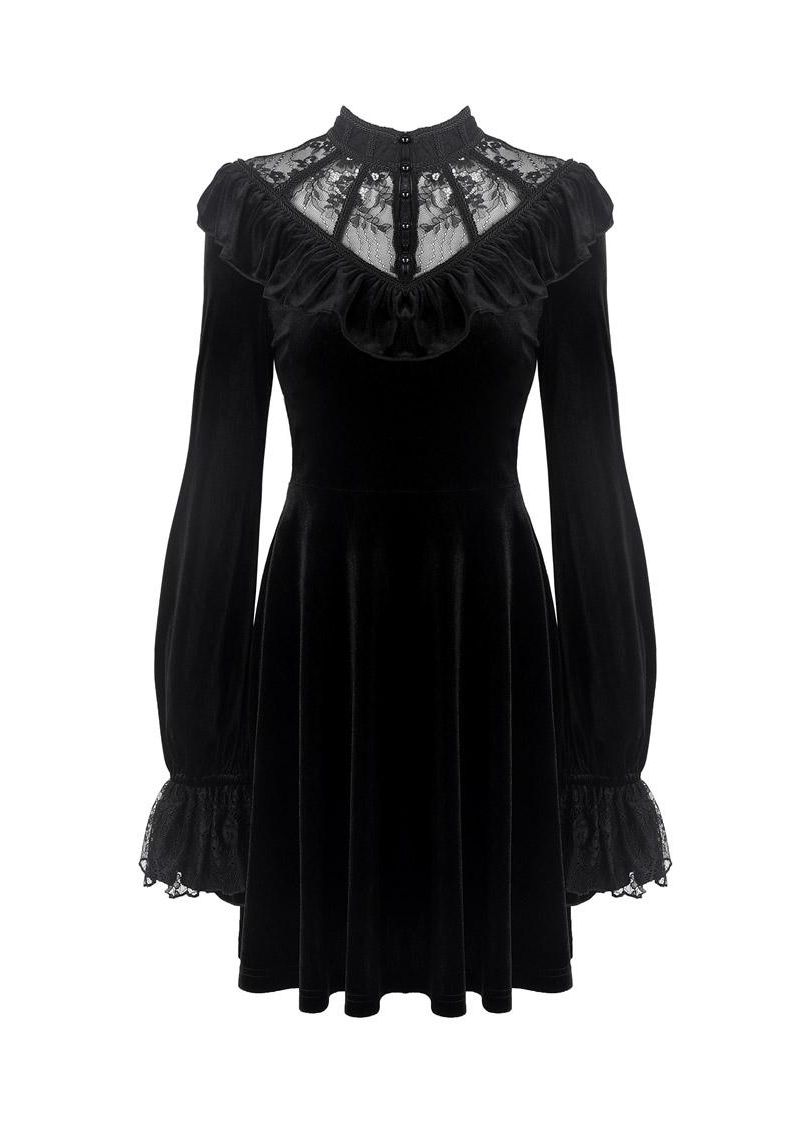 Dark In Love Avina Black Velvet Dress - Gothic Lace Neckline Long Sleeve Dress - DevilGothic DevilGothic