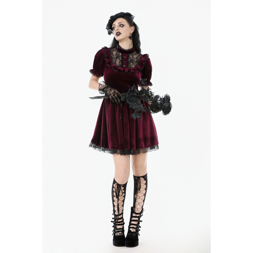 Dark in Love Ophelia Lace Collar Burgundy Velvet Goth Dress - DevilGothic DevilGothic