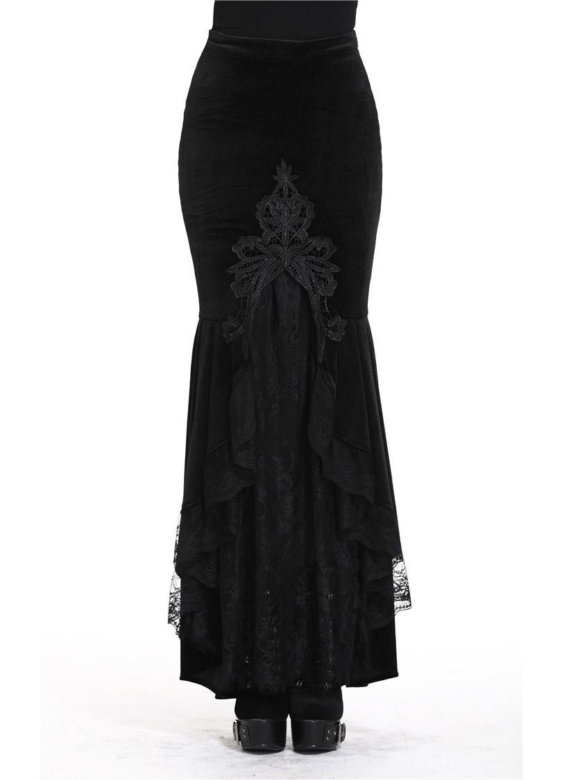 Dark In Love Cordelia Black Velvet Skirt - Gothic Fishtail Skirt Embroidered Lace