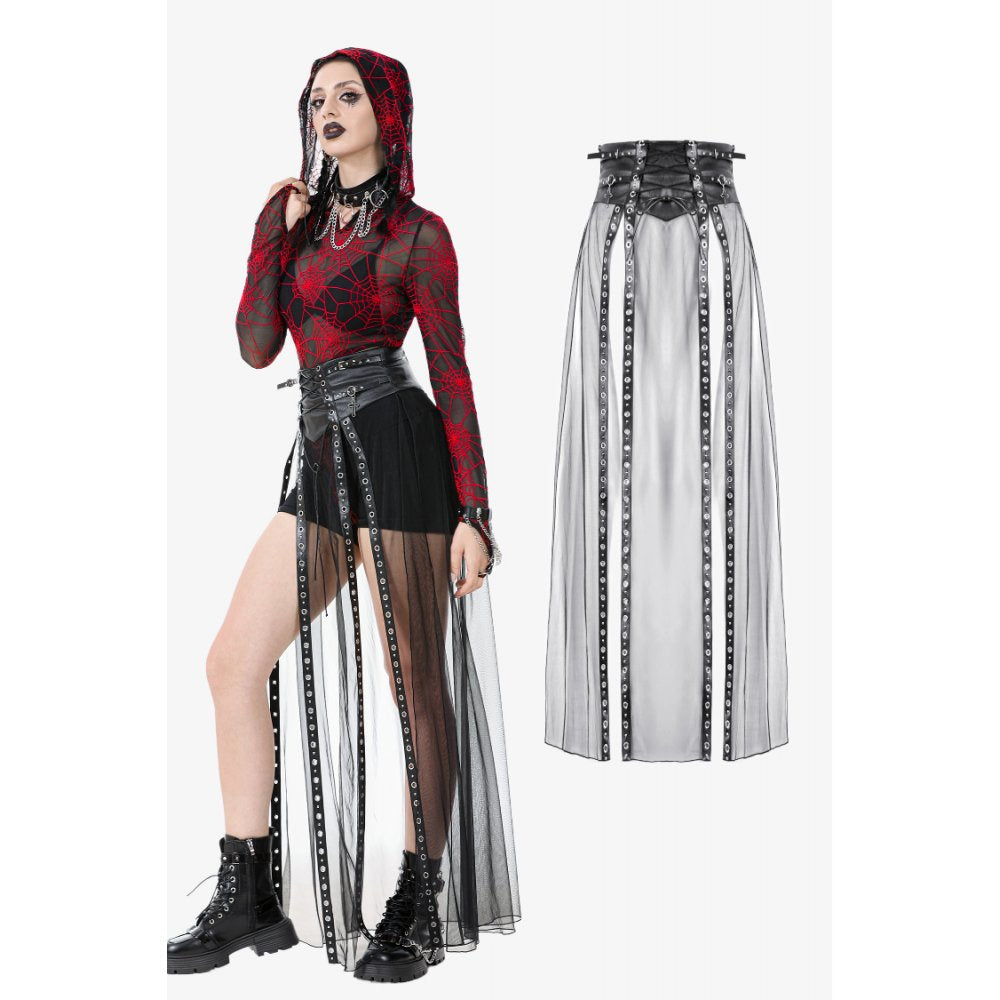 Dark in Love Gothic Sheer Mesh Maxi Skirt with PU Waist Corset - DevilGothic DevilGothic