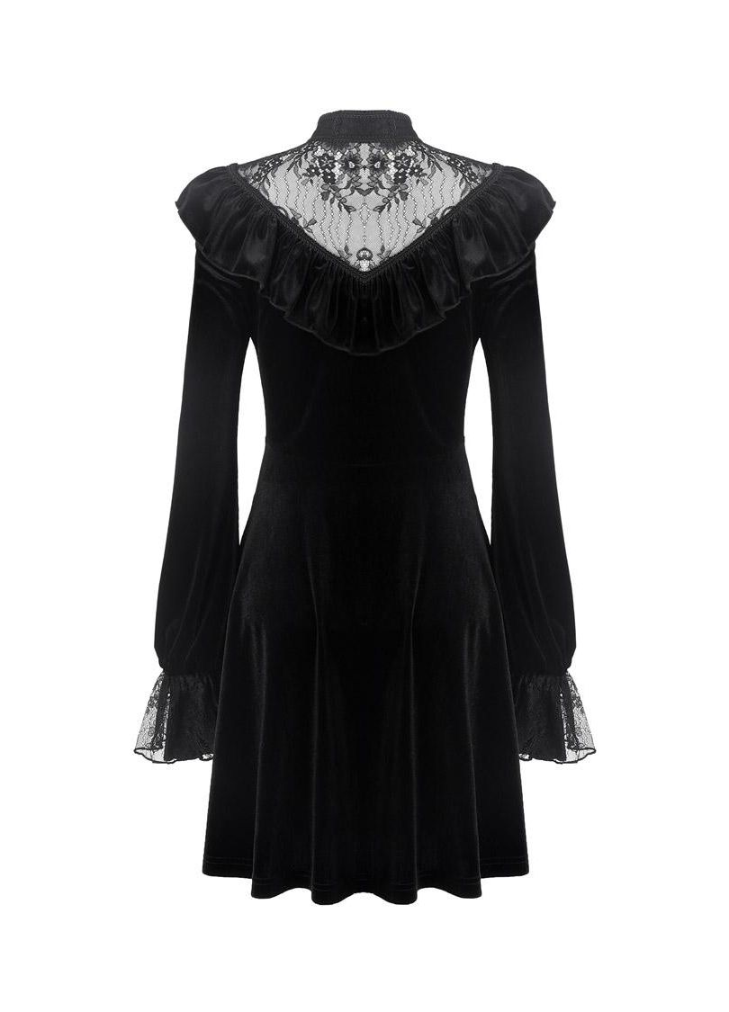 Dark In Love Avina Black Velvet Dress - Gothic Lace Neckline Long Sleeve Dress - DevilGothic DevilGothic