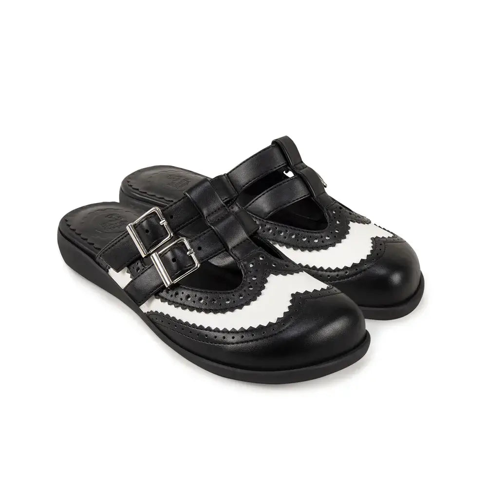 Chocolaticas® Havana Clogs – Gothic Black & White Brogue Vegan Slip-Ons - DevilGothic DevilGothic