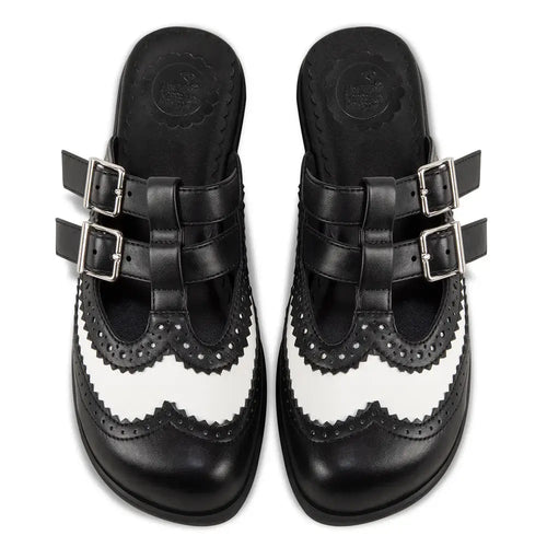 Chocolaticas® Havana Clogs – Gothic Black & White Brogue Vegan Slip-Ons - DevilGothic DevilGothic
