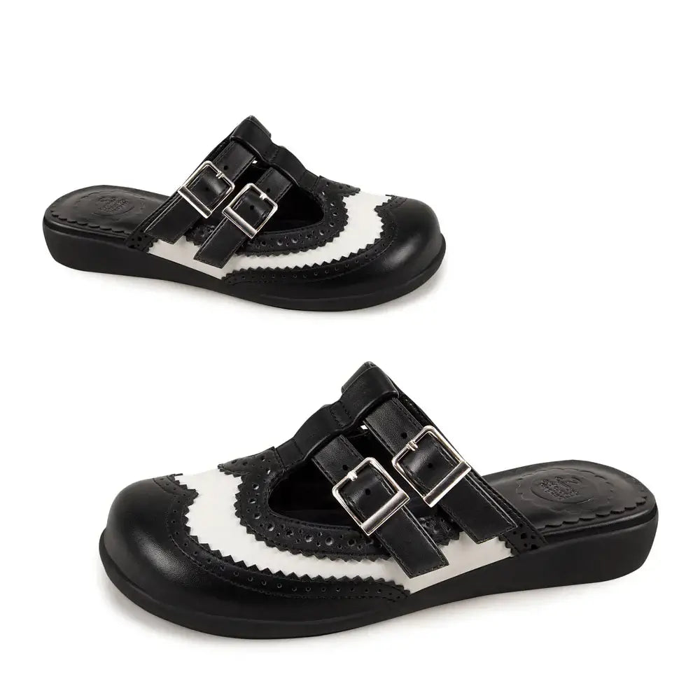 Chocolaticas® Havana Clogs – Gothic Black & White Brogue Vegan Slip-Ons - DevilGothic DevilGothic