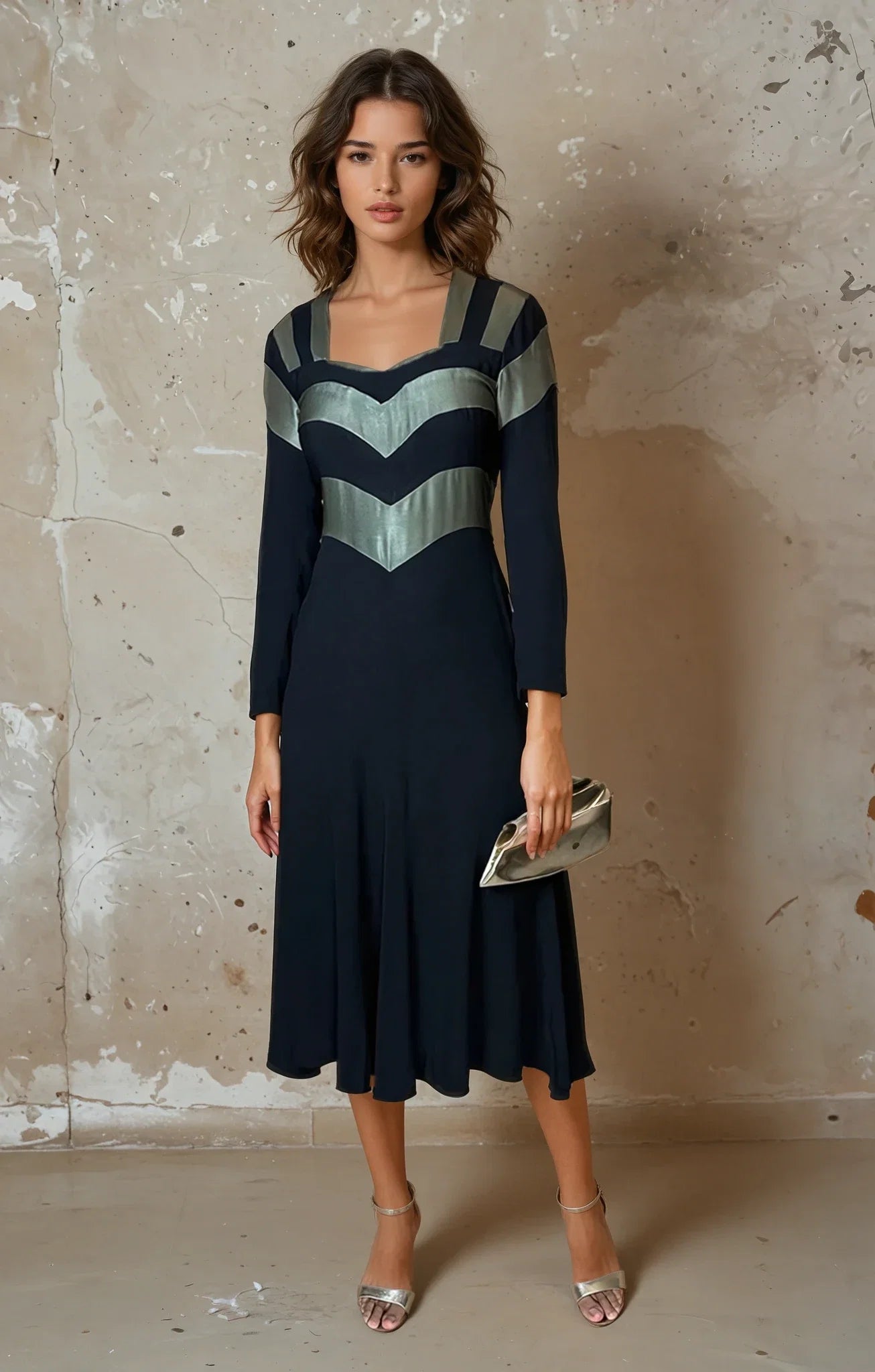 1970's Original Vintage Very Rare Ossie Clark / Quorum Black & Metallic Green Dress UK 8 - 10