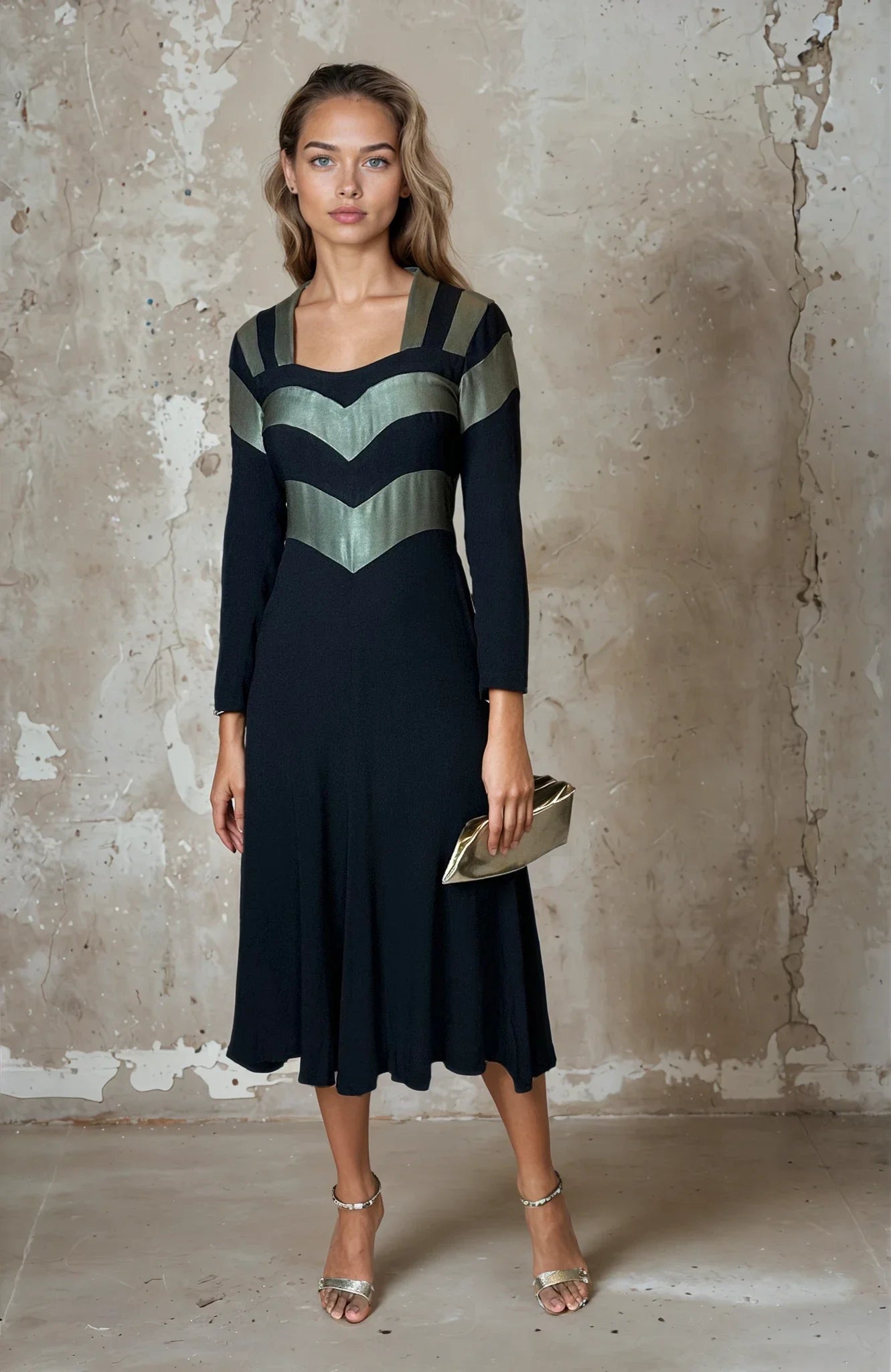 1970's Original Vintage Very Rare Ossie Clark / Quorum Black & Metallic Green Dress UK 8 - 10
