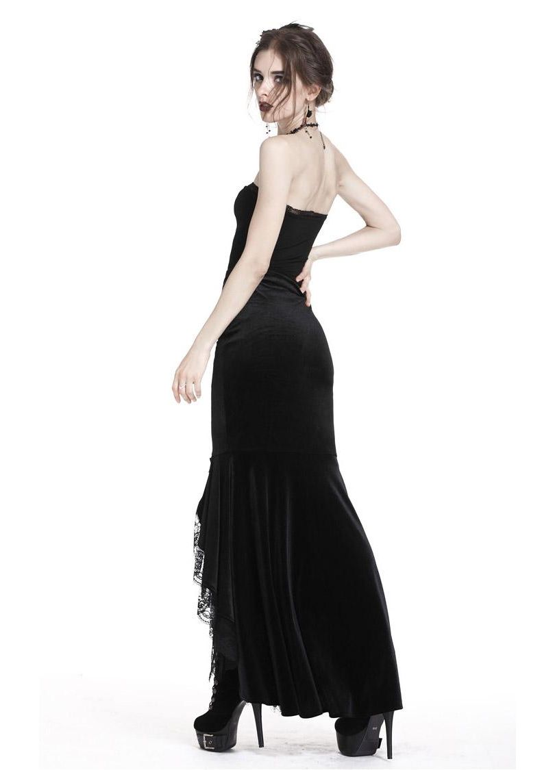 Dark In Love Cordelia Black Velvet Skirt - Gothic Fishtail Skirt Embroidered Lace