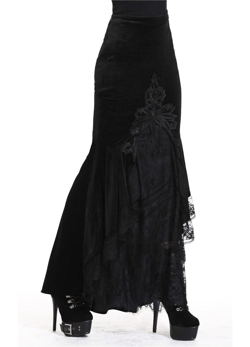 Dark In Love Cordelia Black Velvet Skirt - Gothic Fishtail Skirt Embroidered Lace