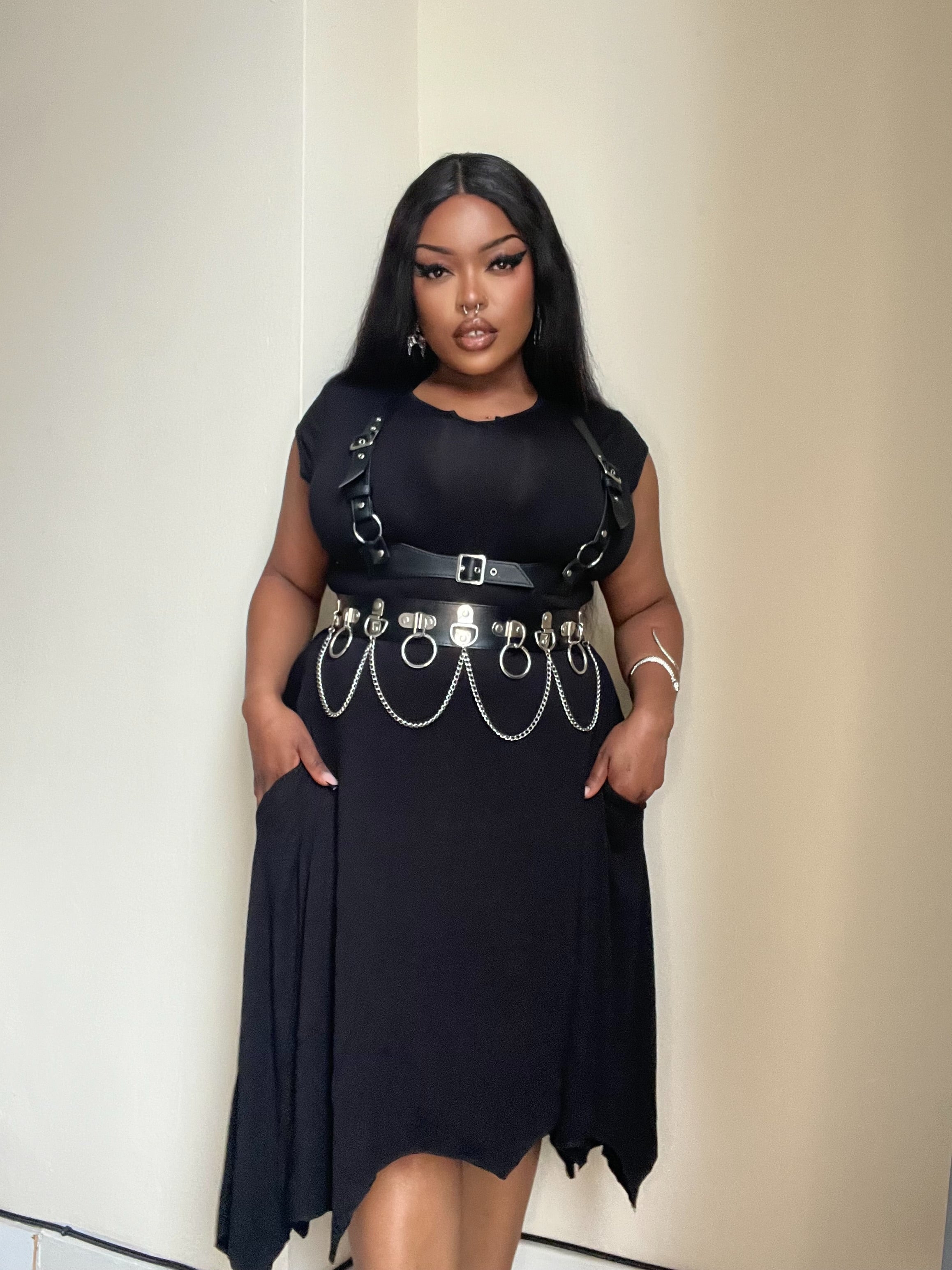 Necessary Evil Evaki Gothic Hi-Low Dress - Bat Wing Hem with Pockets UK Made - DevilGothic DevilGothic