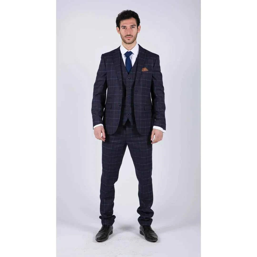 Kenneth - Men's 3 Piece Blue Suit Herringbone Tweed Check 1920s Wedding Prom