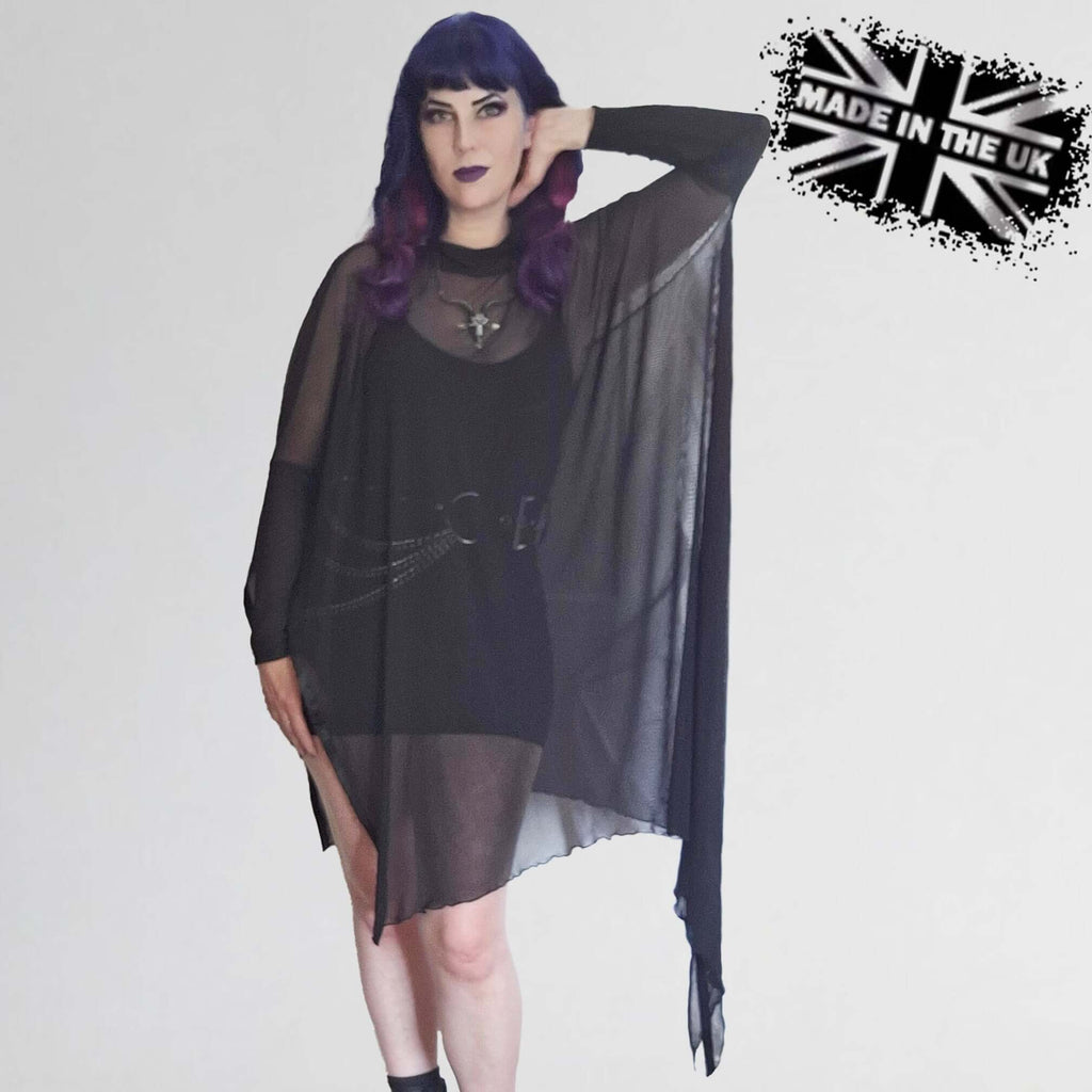 Necessary Evil Anahita Gothic Mesh Layer Dress - Sheer Black with Faux Leather Trim - DevilGothic DevilGothic