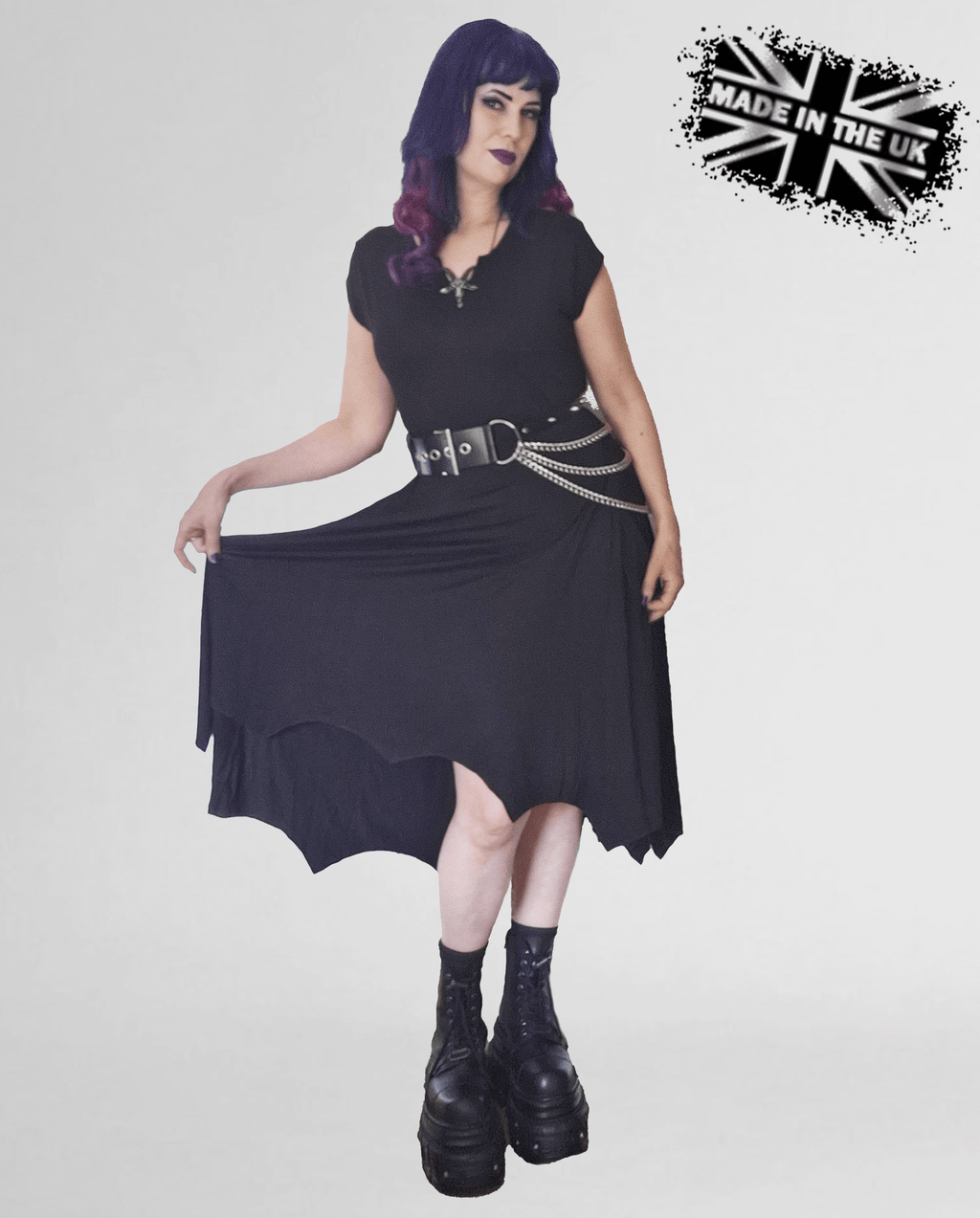 Necessary Evil Evaki Gothic Hi-Low Dress - Bat Wing Hem with Pockets UK Made - DevilGothic DevilGothic
