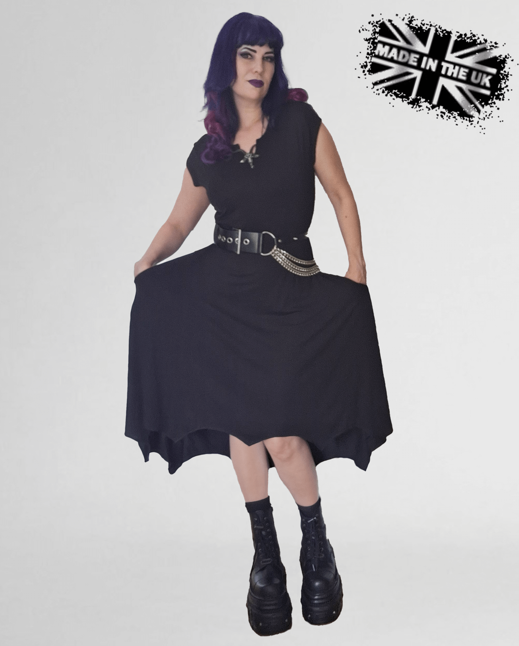 Necessary Evil Evaki Gothic Hi-Low Dress - Bat Wing Hem with Pockets UK Made - DevilGothic DevilGothic