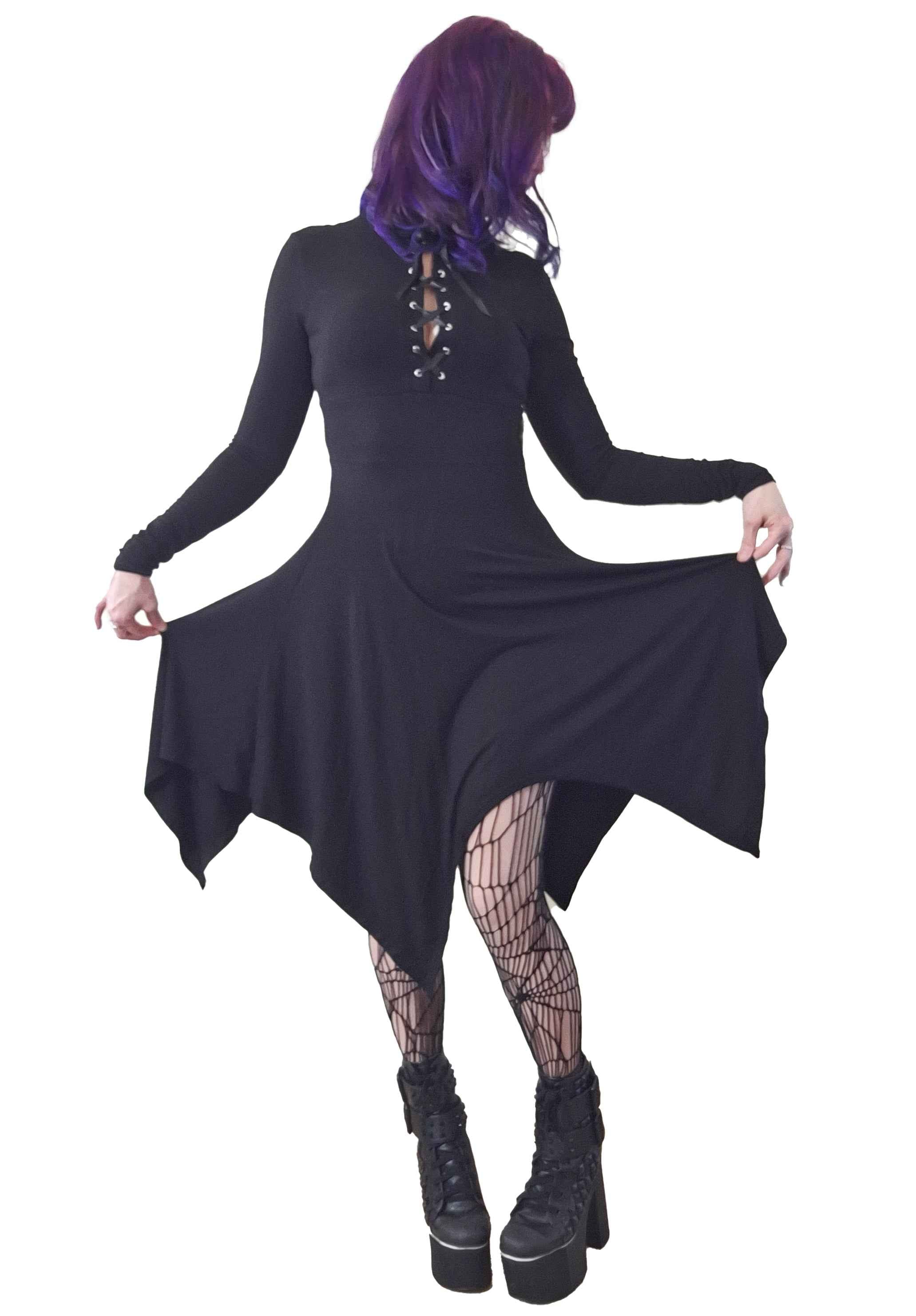 Necessary Evil Kali Gothic Handkerchief Hem Midi Dress - Long Sleeve Black