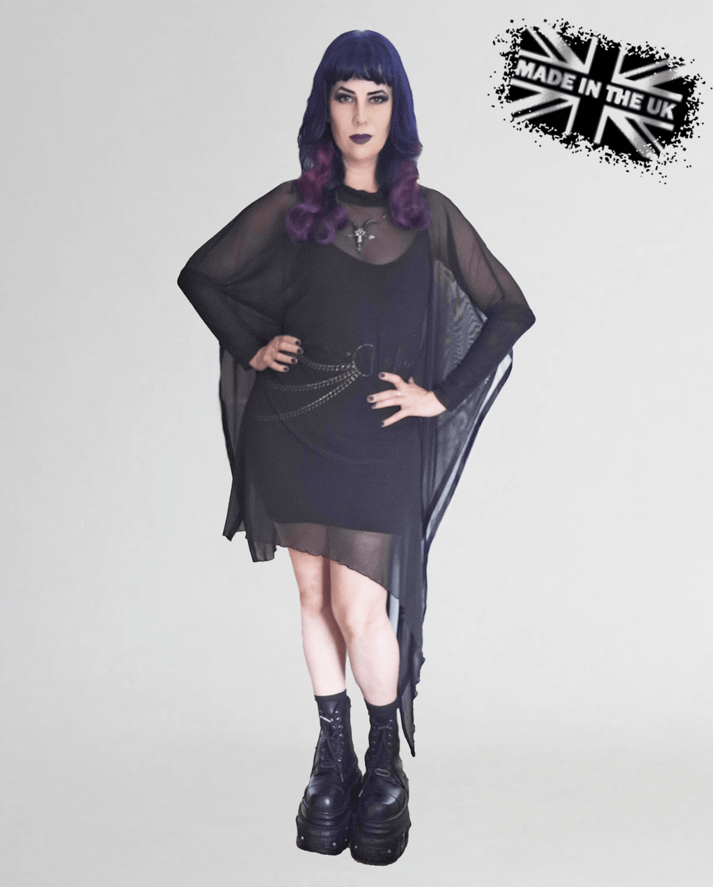 Necessary Evil Anahita Gothic Mesh Layer Dress - Sheer Black with Faux Leather Trim - DevilGothic DevilGothic
