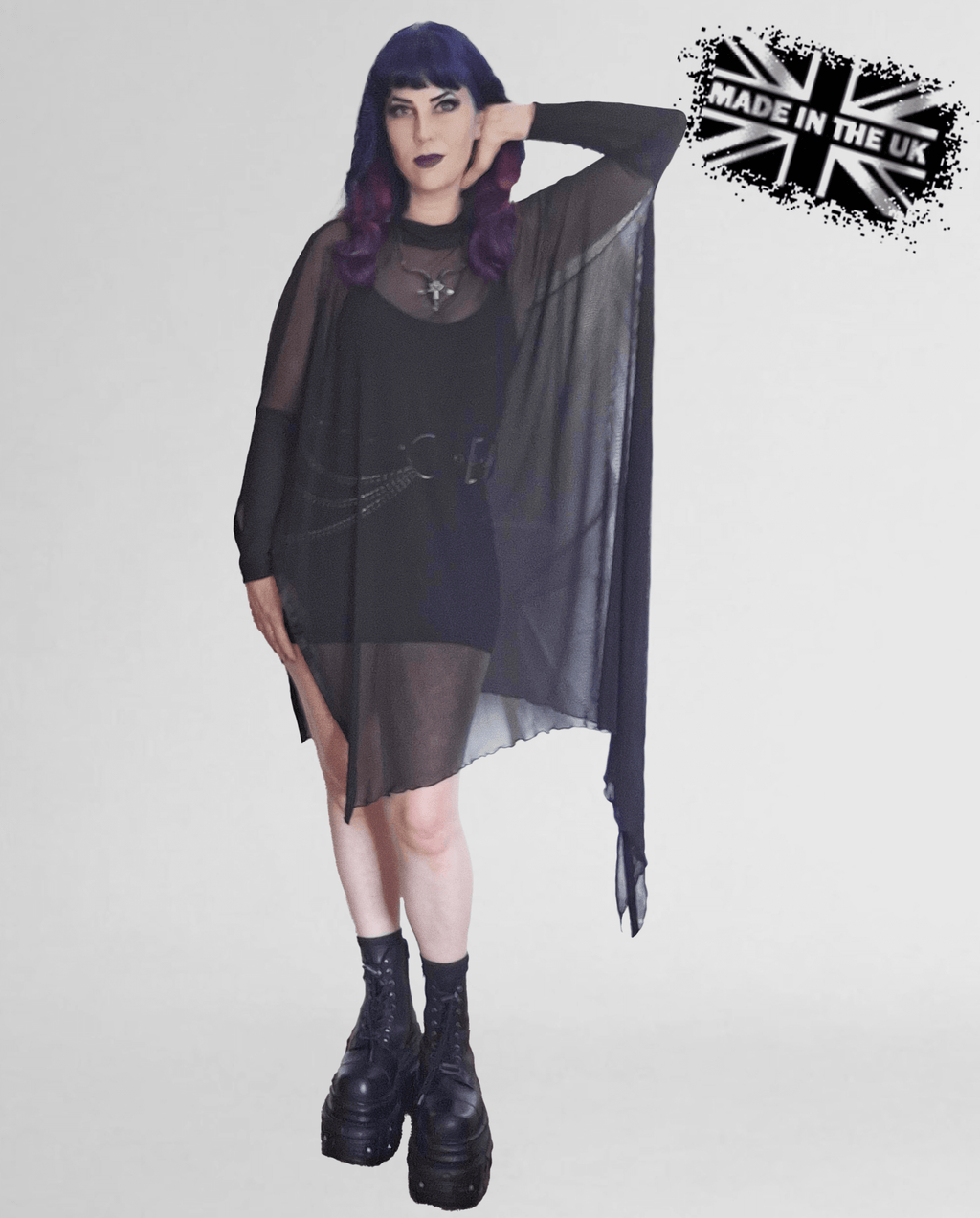 Necessary Evil Anahita Gothic Mesh Layer Dress - Sheer Black with Faux Leather Trim - DevilGothic DevilGothic