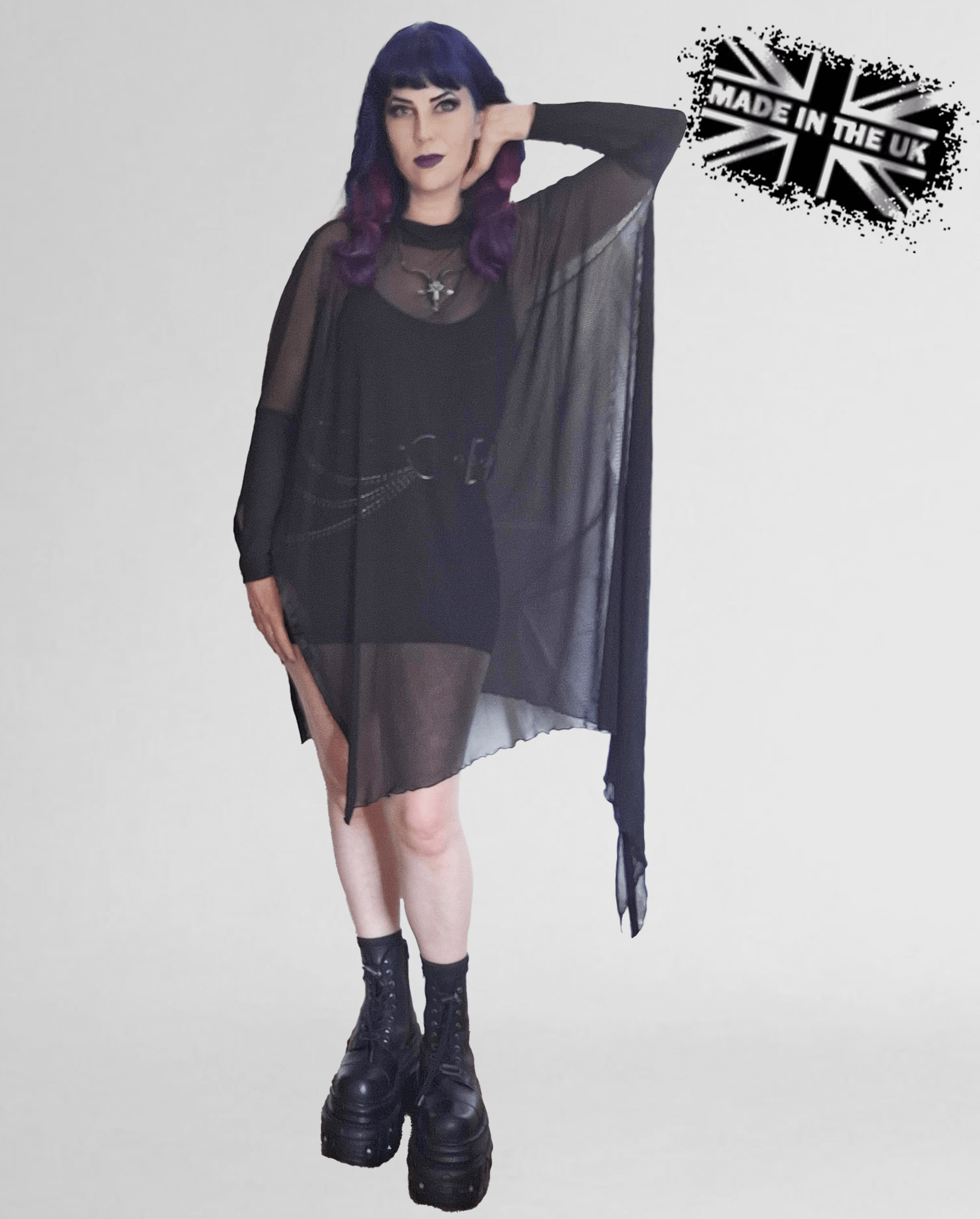 Necessary Evil Anahita Gothic Mesh Layer Dress - Sheer Black with Faux Leather Trim - DevilGothic DevilGothic