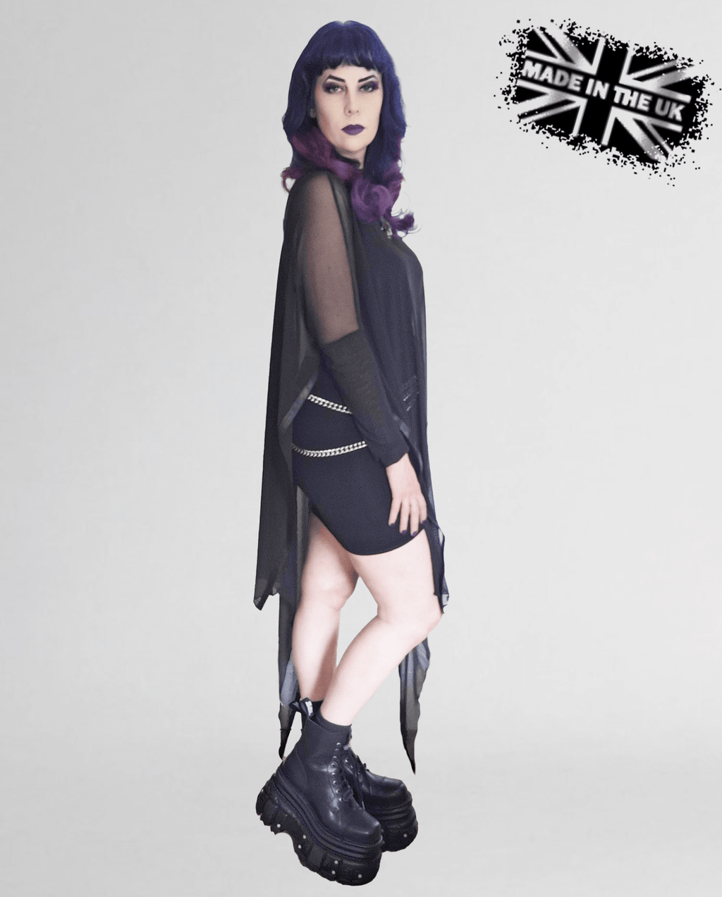 Necessary Evil Anahita Gothic Mesh Layer Dress - Sheer Black with Faux Leather Trim - DevilGothic DevilGothic